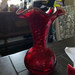 Blenko Red Ruffle Crackle Bulb Vase
